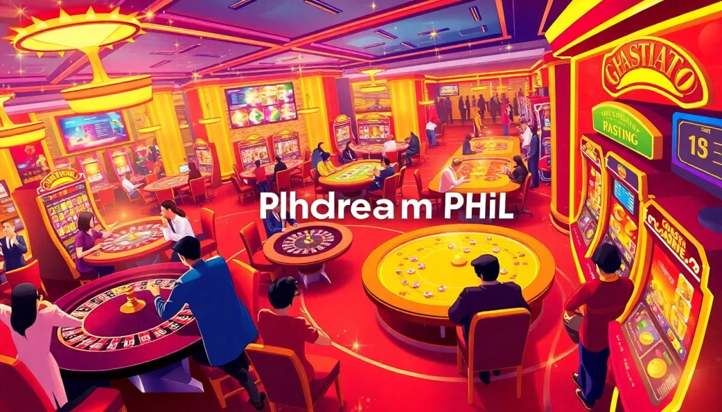 Players engage in thrilling gambling at Phdream PH online casino, with vibrant roulette and slot machines in action.
