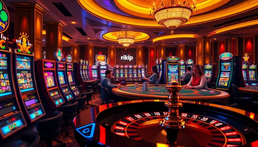 Engage in thrilling gameplay at rikvip's virtual casino, featuring vibrant slot machines and poker tables.