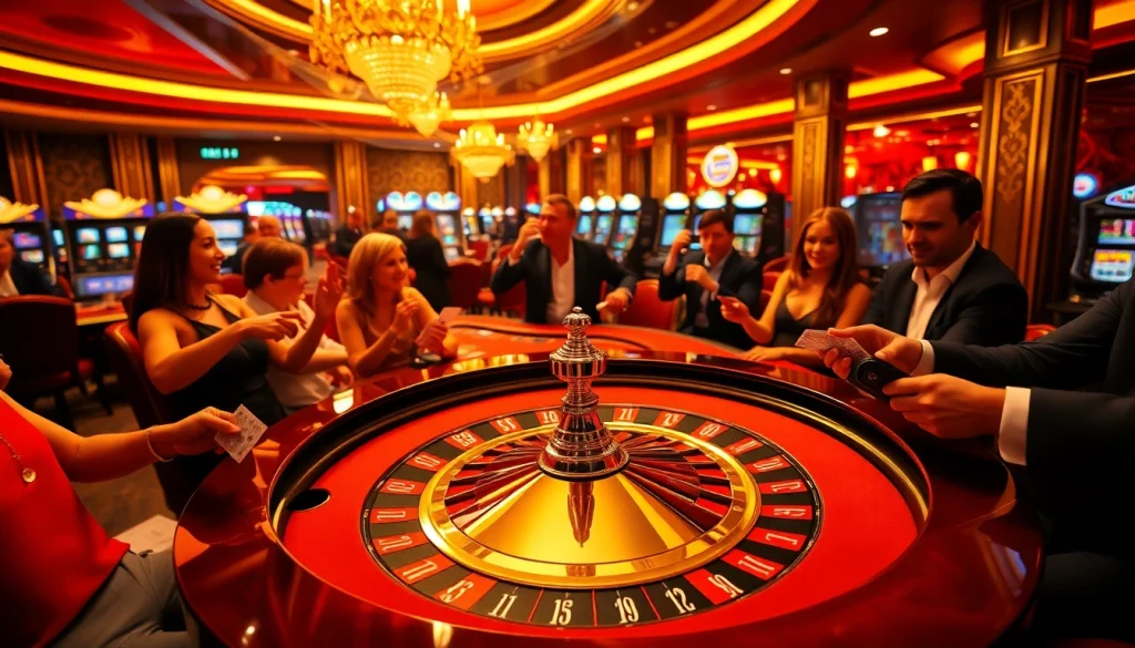 Gambling excitement at https://23wincom.it.com/ with players at a roulette table, high stakes, vibrant casino atmosphere.