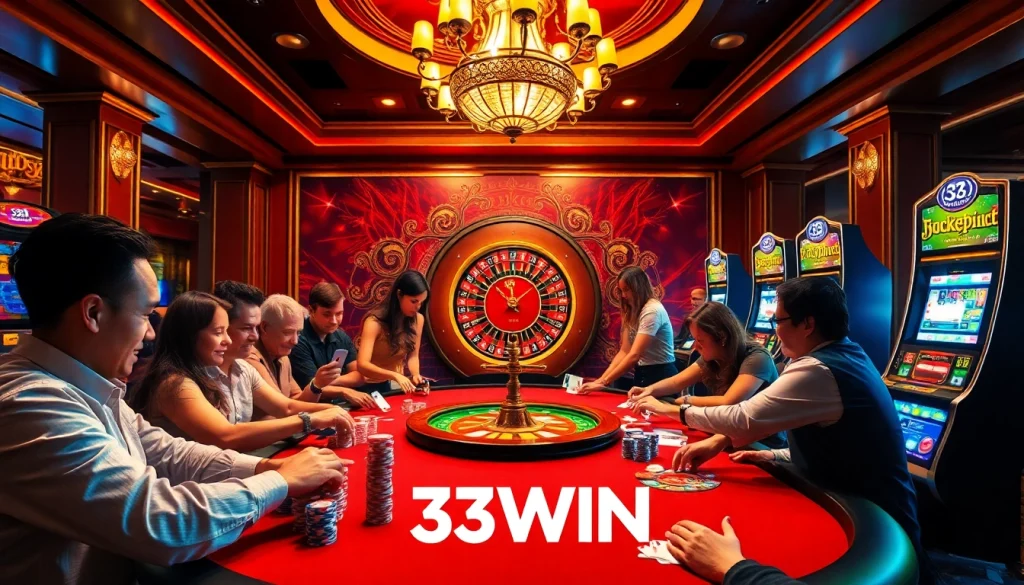 33WIN casino scene showcasing thrilling poker action with vibrant chips and cards.